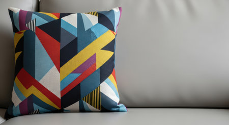 Colorful geometric pattern cushion on a modern grey sofaの素材