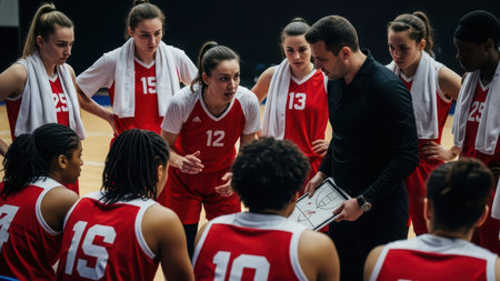 Female basketball team huddle with coach discussing strategy.の素材