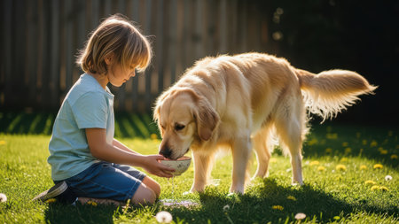 Young caucasian boy feeding golden retriever in sunny garden.の素材