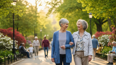 Elderly caucasian women walking in park during springtime.の素材