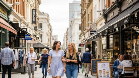 Caucasian women shopping in bustling urban street with boutiques and cafes.の素材