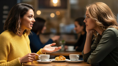 Two young caucasian adult females engaged in conversation at a cafÃ© setting.の素材