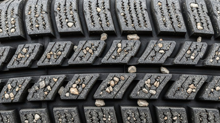 Close-up of car tire tread with embedded gravel detailsの素材