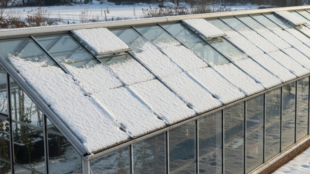 Snow-covered greenhouse roof in winter garden landscapeの素材