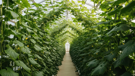 Lush indoor greenhouse with rows of vibrant green cucumber plantsの素材