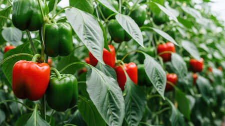 Red and green bell peppers growing on lush plants in a vibrant gardenの素材