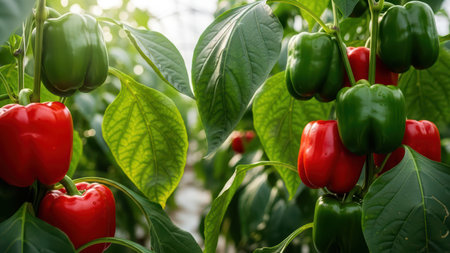 Vibrant greenhouse peppers: red and green bell peppers on lush plants in sunlit gardenの素材
