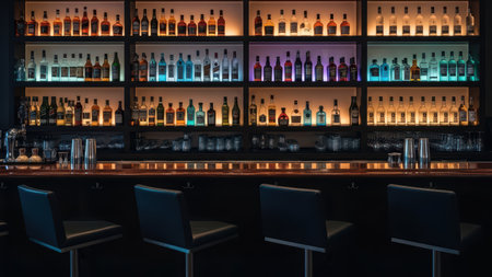 Elegant bar interior with illuminated liquor bottles on shelves in dim lightingの素材