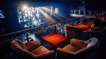 Cozy balcony seating overlooking concert stage in dimly lit music venueの素材