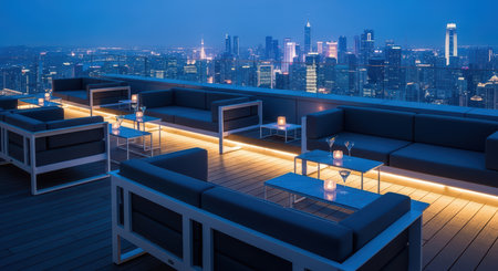 Luxurious rooftop lounge with modern furniture overlooking city skyline at nightの素材