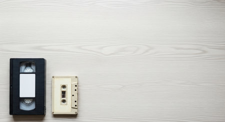 Retro vhs tape and cassette on wooden backgroundの素材