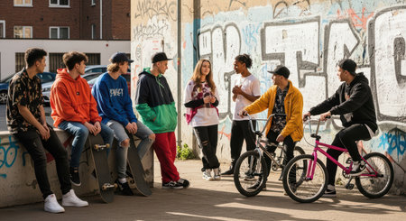 Diverse group of teens hanging out with skateboards and bmx bikes in urban settingの素材