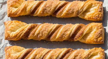 Golden cinnamon sugar twists on baking paperの素材