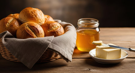 Fresh bread rolls in basket with honey jar and butter on rustic wooden tableの素材