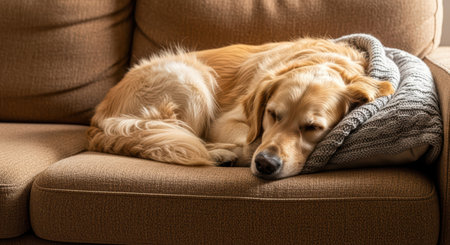 Golden retriever sleeping on couch with gray knit pillow in cozy home settingの素材