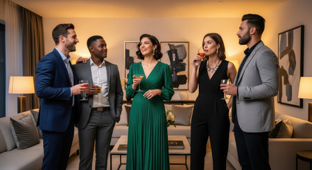 Diverse group of adults socializing at elegant evening gatheringの素材
