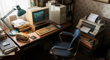Vintage home office with retro computer and printer in cozy settingの素材