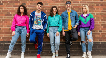 Group of young adults in colorful 80s fashion by brick wallの素材