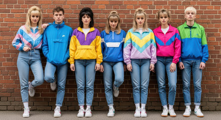 Group of young caucasian adults in colorful 80s fashion against brick wallの素材