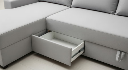 Modern gray sectional sofa with storage drawer on light wooden floorの素材