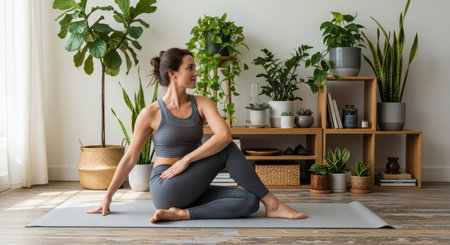 Caucasian female practicing yoga indoors surrounded by lush green plantsの素材