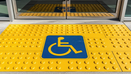 Accessible entrance with tactile paving for wheelchair users at building.の素材