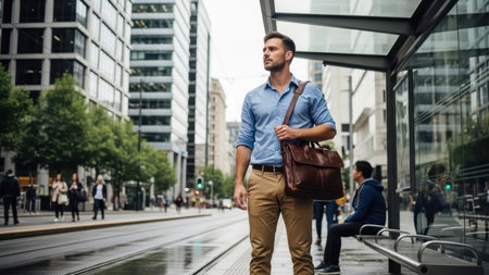 Young caucasian male commuter in urban setting with business bag.の素材