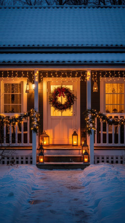 Cozy winter porch with lights and wreath in snowy evening.の素材