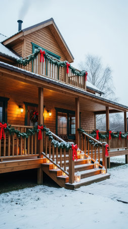 Charming wooden cabin with festive holiday decor amidst snowy winter landscape.の素材