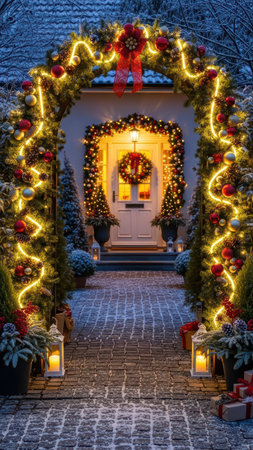 Festive christmas archway illuminated with lights leading to decorated house entrance.の素材
