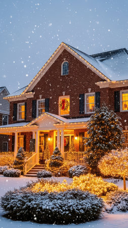Snowy winter scene with lit brick house and festive decor in evening.の素材