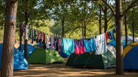 Colorful laundry hanging in campground with tents under trees.の素材