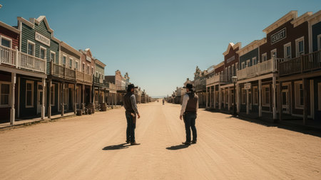 Two male cowboys in deserted western town with colorful buildings under clear blue sky.の素材