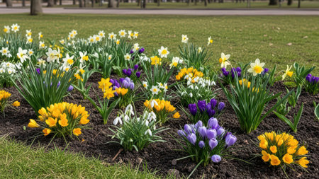 Vibrant spring garden with yellow and purple flowers in bloom.の素材