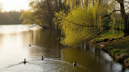Serene spring lake at sunset with ducks and lush greenery.の素材