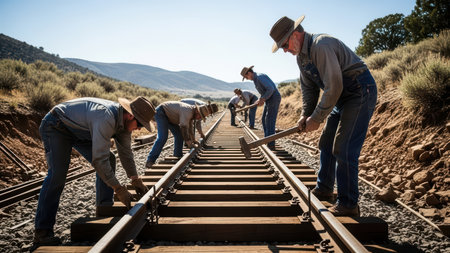 Group of mature caucasian male workers repairing railroad tracks in rural landscape.の素材
