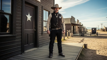 Caucasian male sheriff in western town with badge and cowboy hat.の素材