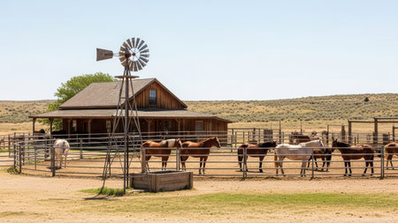 Ranch landscape with horses and windmill on a sunny day.の素材