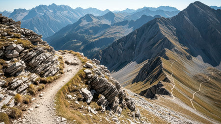Stunning mountain path winding through rugged alpine terrain.の素材