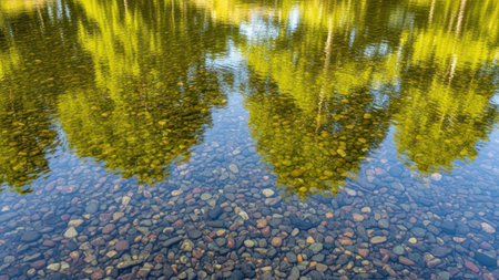 Clear river with pebbles and tree reflection in tranquil natural setting.の素材