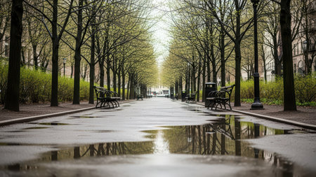 Rainy day walkway with bare trees and puddles in urban park setting.の素材