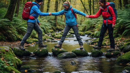 Three young adults crossing a stream on mossy rocks in a forest.の素材