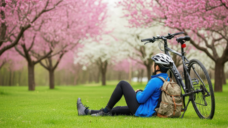 Female cyclist resting under blossom trees in spring park.の素材