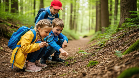 Exploring nature: caucasian children engaged in outdoor forest adventure.の素材