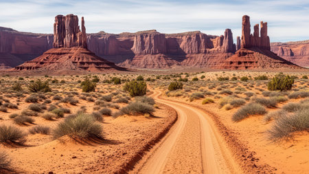 Majestic desert landscape with red rock formations and dramatic sky.の素材