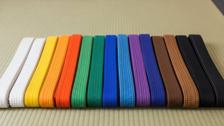 Colorful martial arts belts representing different skill levels on tatami mat.の素材
