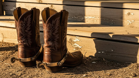 Brown leather cowboy boots with spurs on wooden steps in sunlight.の素材