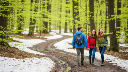 Young adults enjoying a spring hike in forest with colorful attire and backpacks.の素材