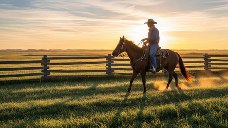 Male cowboy riding horse at sunrise on ranch.の素材