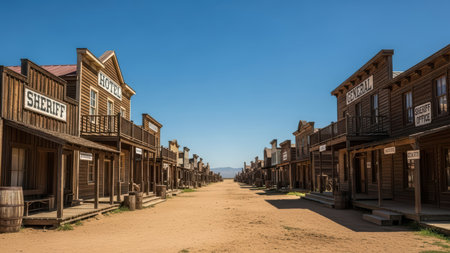 Deserted western town with wooden buildings under clear blue sky.の素材